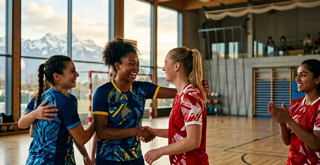 Joueurs de handball de différentes origines se serrant la main après un match dans une salle de sport suisse, créant des liens sociaux