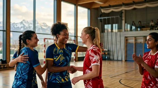 Joueurs de handball de différentes origines se serrant la main après un match dans une salle de sport suisse, créant des liens sociaux