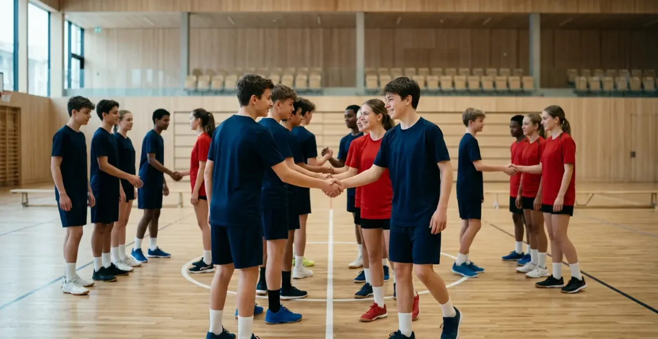 Jeunes joueurs de handball se saluant avant un match dans une salle de sport en Suisse, illustrant les valeurs de respect et fair-play