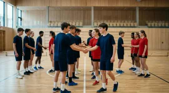 Jeunes joueurs de handball se saluant avant un match dans une salle de sport en Suisse, illustrant les valeurs de respect et fair-play