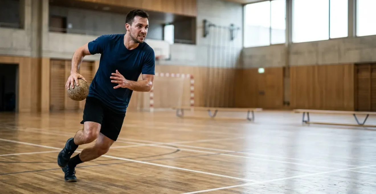 Joueur adulte de handball en action lors d'un entraînement en ligue régionale suisse