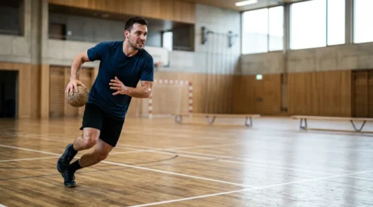 Joueur adulte de handball en action lors d'un entraînement en ligue régionale suisse