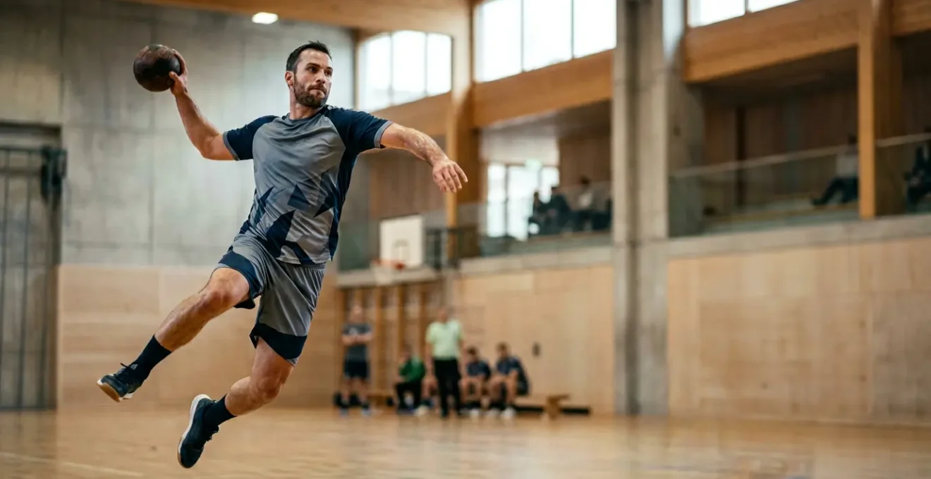 Joueur de handball adulte en action dynamique lors d'un match en Suisse romande, illustrant l'intensité et l'esprit d'équipe du sport