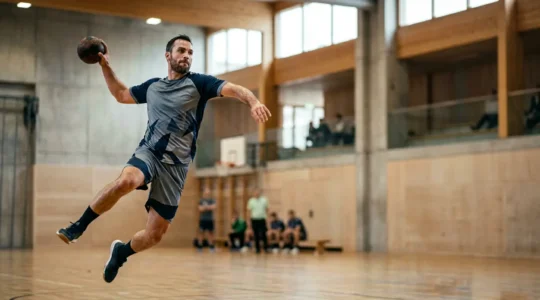 Joueur de handball adulte en action dynamique lors d'un match en Suisse romande, illustrant l'intensité et l'esprit d'équipe du sport
