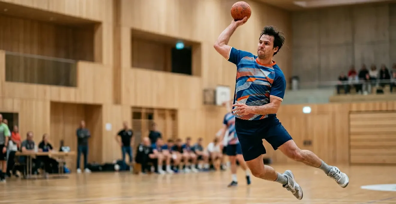 Joueur adulte réalisant un tir en suspension au handball dans une salle sportive en Suisse