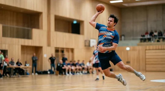 Joueur adulte réalisant un tir en suspension au handball dans une salle sportive en Suisse