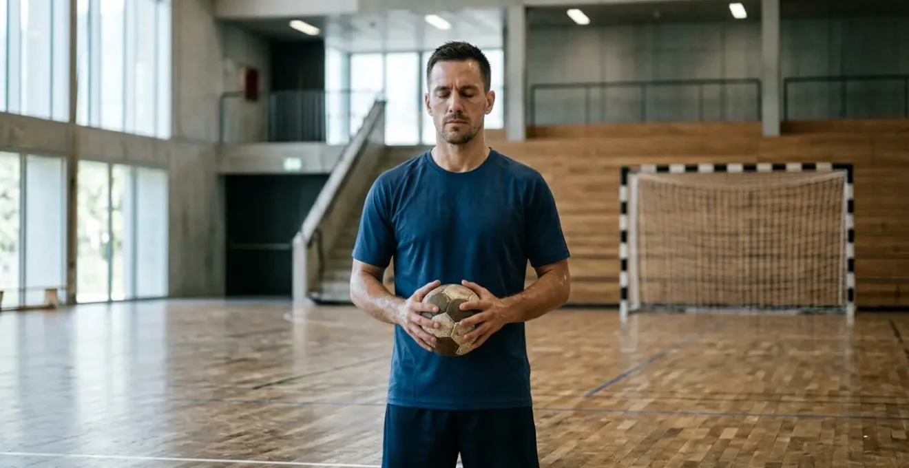 Joueur de handball se concentrant intensément avant un tir au but décisif dans une salle suisse