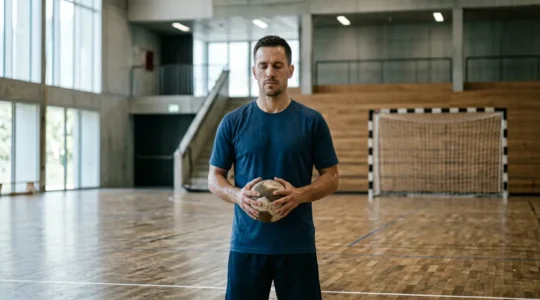 Joueur de handball se concentrant intensément avant un tir au but décisif dans une salle suisse