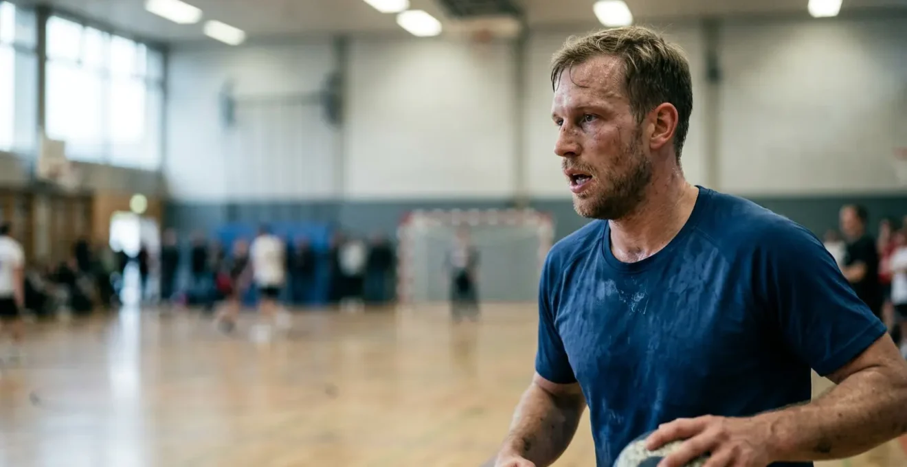 Joueur de handball en action pendant les dernières minutes d'un match, montrant l'intensité physique et mentale