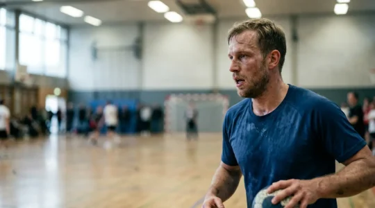 Joueur de handball en action pendant les dernières minutes d'un match, montrant l'intensité physique et mentale