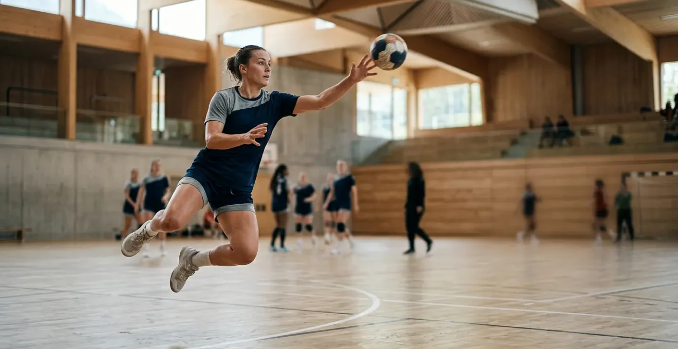 Joueur de handball en pleine action intégré harmonieusement dans une composition d'équipe représentant l'équilibre entre performance individuelle et esprit collectif