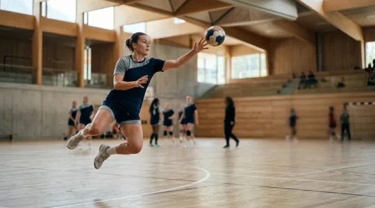 Joueur de handball en pleine action intégré harmonieusement dans une composition d'équipe représentant l'équilibre entre performance individuelle et esprit collectif