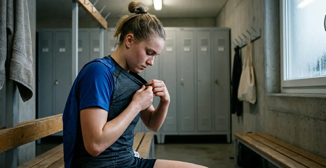 Joueur de handball equipant une sous-couche thermique dans un vestiaire hivernal suisse