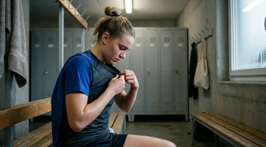 Joueur de handball equipant une sous-couche thermique dans un vestiaire hivernal suisse