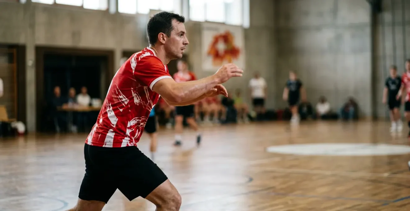 Joueur de handball en position défensive montrant les impacts posturaux de la cyphose sur la performance sportive