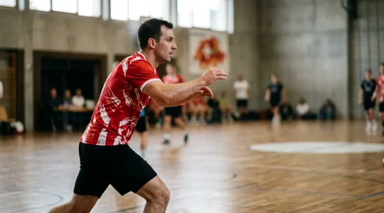 Joueur de handball en position défensive montrant les impacts posturaux de la cyphose sur la performance sportive