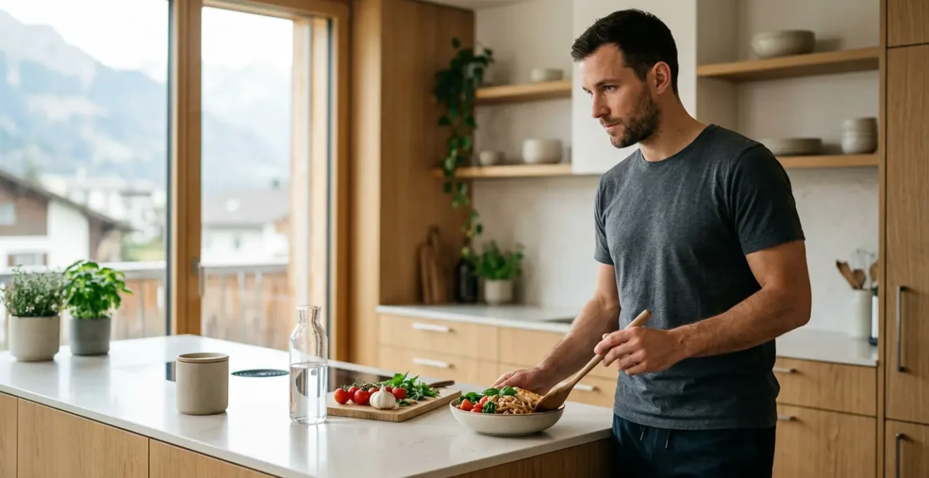 Handballeur suisse dans la cuisine se preparant pour un repas avant match