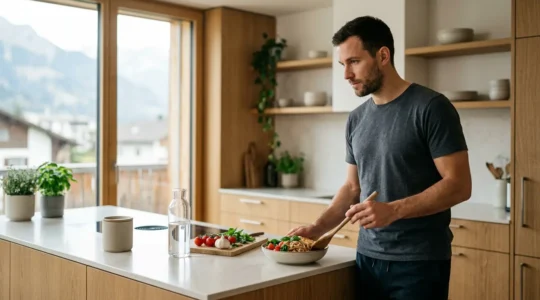 Handballeur suisse dans la cuisine se preparant pour un repas avant match
