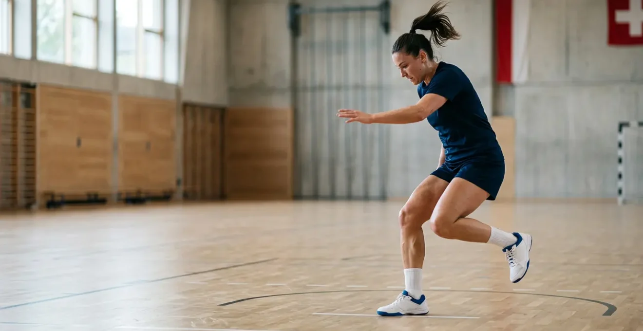 Joueur de handball en pleine réception sur une jambe, geste technique à risque pour les chevilles et genoux