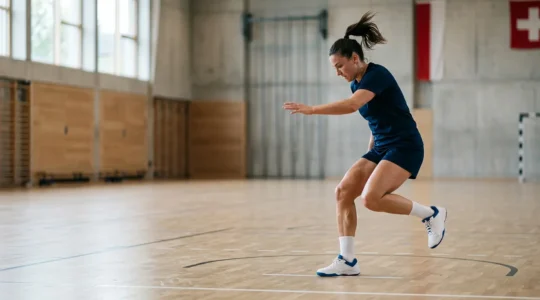 Joueur de handball en pleine réception sur une jambe, geste technique à risque pour les chevilles et genoux