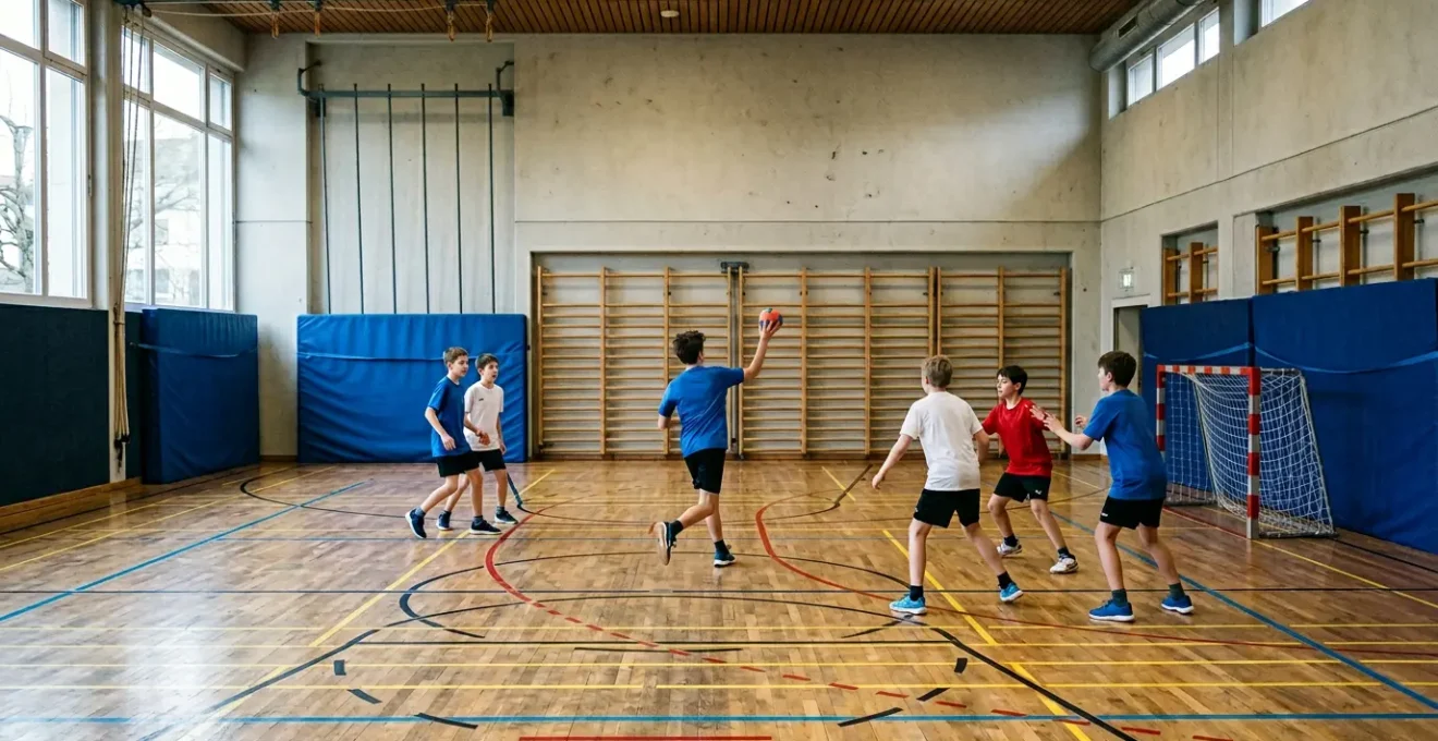 Gymnase scolaire compact aménagé pour un match de handball adapté avec délimitations au sol et jeunes joueurs en action