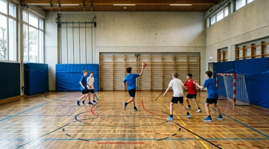 Gymnase scolaire compact aménagé pour un match de handball adapté avec délimitations au sol et jeunes joueurs en action
