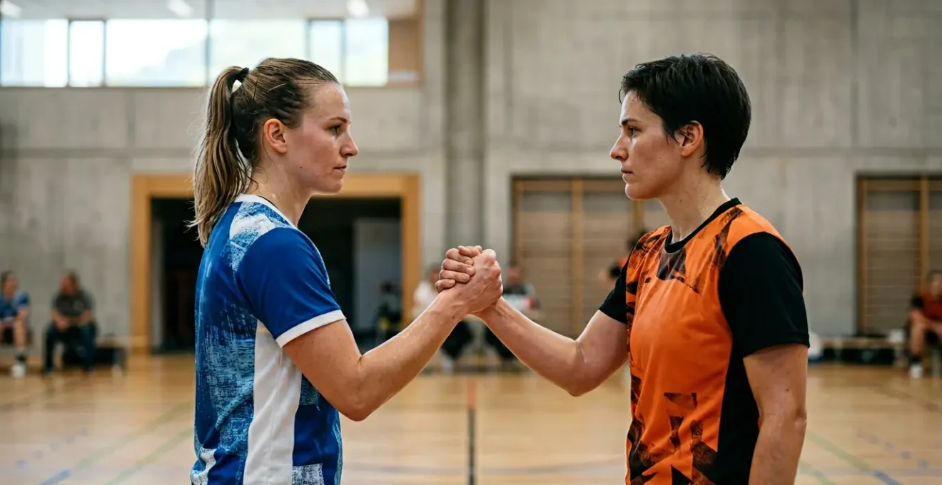 Deux capitaines de handball se serrant la main avant un derby local en Suisse