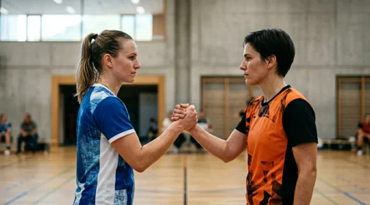 Deux capitaines de handball se serrant la main avant un derby local en Suisse