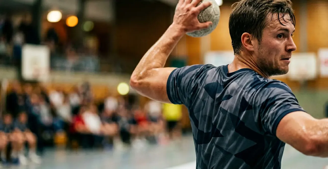 Handballeur en action protégeant son épaule lors d'un mouvement de tir