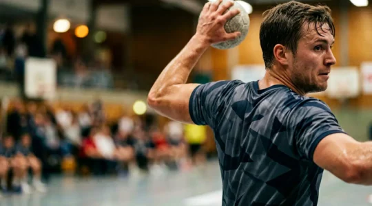 Handballeur en action protégeant son épaule lors d'un mouvement de tir