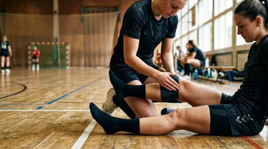 Premiers gestes d'urgence après une blessure musculaire lors d'un match de handball