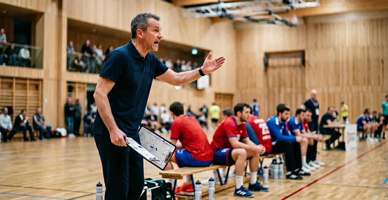 Entraineur de handball orchestrant les rotations tactiques de son banc pendant un match intense