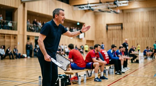 Entraineur de handball orchestrant les rotations tactiques de son banc pendant un match intense
