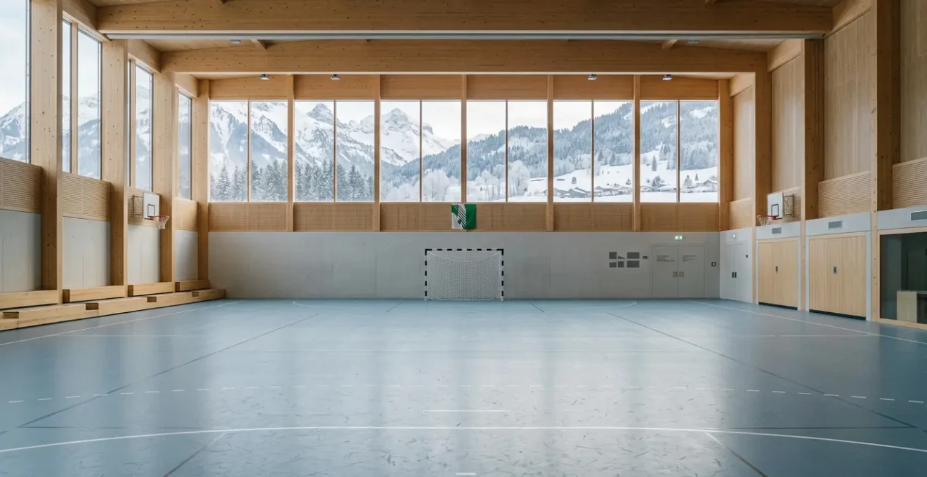 Salle de sport moderne avec terrain de handball en Suisse durant l'hiver