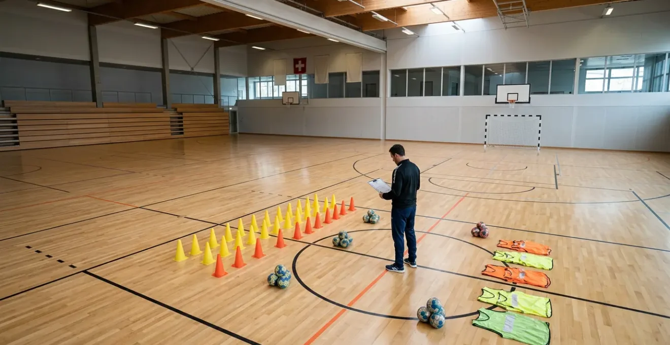 Entraîneur de handball préparant une séance de 90 minutes avec matériel pédagogique et schémas tactiques en salle de sport suisse