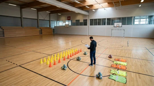 Entraîneur de handball préparant une séance de 90 minutes avec matériel pédagogique et schémas tactiques en salle de sport suisse