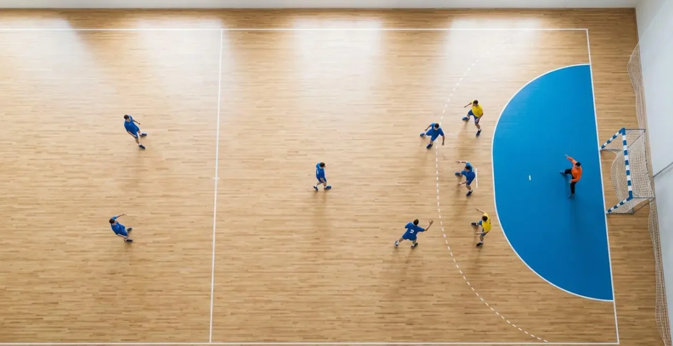 Sept joueurs de handball positionnés stratégiquement sur le terrain en formation tactique optimale