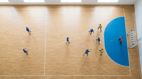 Sept joueurs de handball positionnés stratégiquement sur le terrain en formation tactique optimale