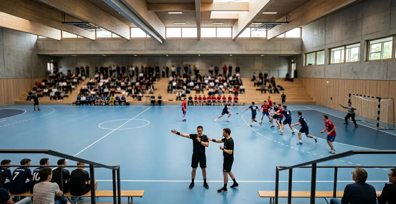 Vue depuis les tribunes d'un match de handball en Suisse avec arbitres en action