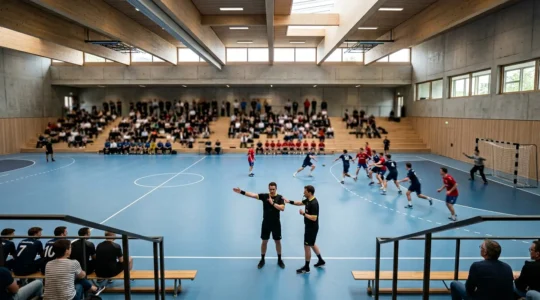 Vue depuis les tribunes d'un match de handball en Suisse avec arbitres en action